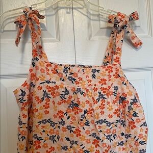 NWT Sonoma L Tie Strap Floral Tank Orange Blue Linen blend partial smocked back